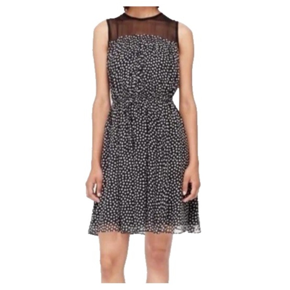 Kate Spade New York Silk Dress S Black White Polka Dot Fit Flare Mesh Yoke